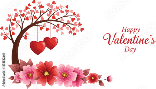 Valentine's Day tree with heart ornaments and pink flowers heart tree red hearts