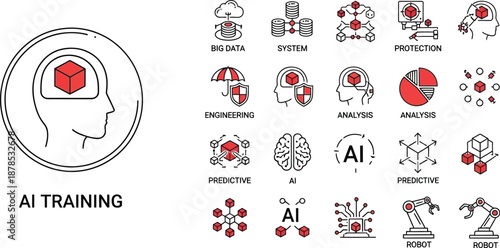 Conceptual line art set illustrating artificial intelligence training processes machine learning components data analysis and various futuristic technology applications for digital design projects
