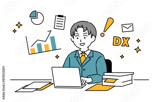 パソコンを使う若い男性サラリーマンのイラストイメージ