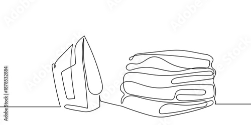 Illustration of ironing technology and a pile of clothes in a single, continuous line art style. one line drawing Editable stroke.