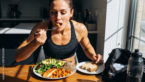 Wallpaper Mural Super Appetite After Workout, Athlete Eating Hearty Meal, Gym Bag Nearby, Natural Daylight, Fitness Nutrition Theme Torontodigital.ca