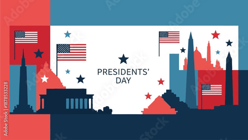 Washington D.C. city skyline silhouettes frame a central white copy space with American flags for Happy Presidents Day greeting banner