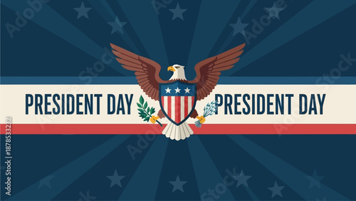 American bald eagle emblem with open wings holds a patriotic shield on a blue starburst background for Presidents Day banner design
