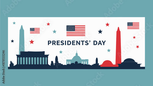 Washington D.C. city skyline silhouettes including Lincoln Memorial and Capitol stand under floating American flags for Presidents Day banner design