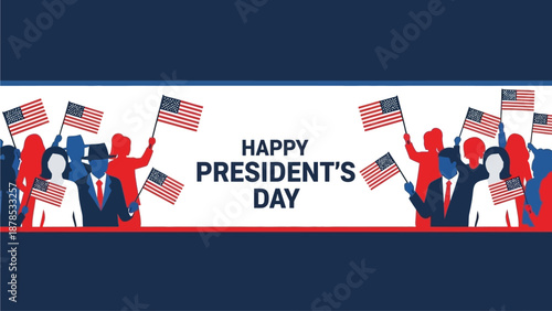 A crowd of patriotic people silhouettes wave small American flags around a central text space for Happy Presidents Day celebration banner