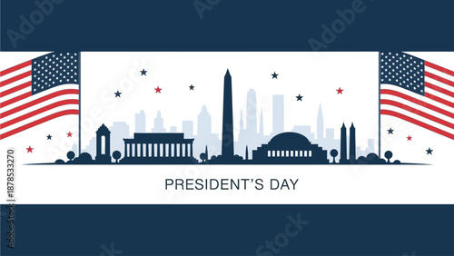 Washington D.C. city skyline silhouettes including monuments are framed by two American flags on a white background for Presidents Day website header design