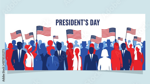 A large patriotic crowd of people silhouettes holding and waving American flags for Presidents Day celebration or political election rally banner