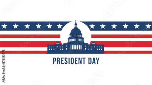 US Capitol building silhouette is centered on a patriotic star and stripe ribbon banner isolated on white for Presidents Day header or footer design