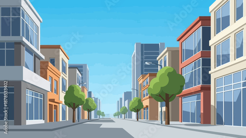 Modern city street with buildings and trees in a cartoon style.