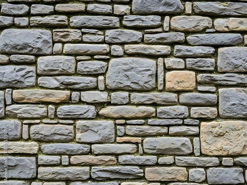 Stone wall texture featuring grey and beige colored cobblestones background