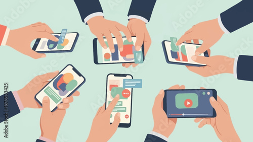 Multiple hands holding smartphones with various charts and graphs on screens.