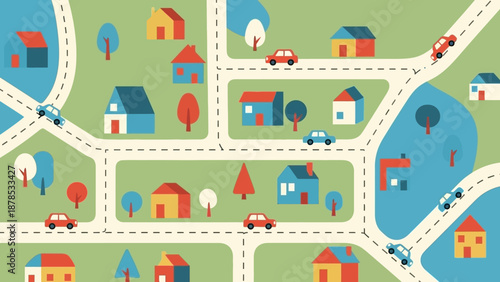 Colorful cartoon map with houses, roads, and trees.