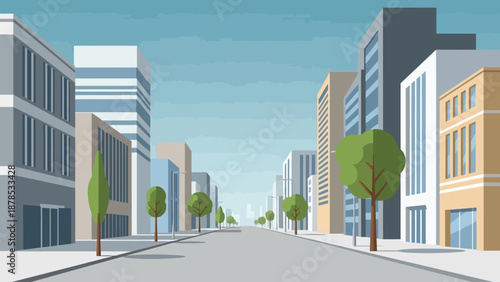 Modern city street with buildings and trees.
