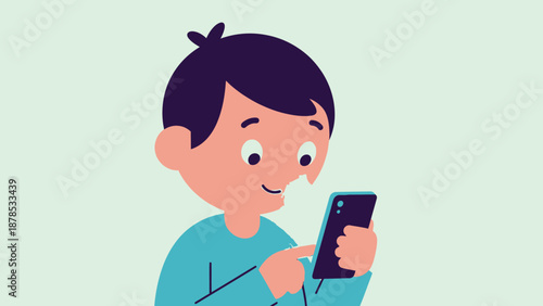 A cartoon boy happily using his mobile phone with a smile.