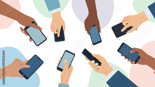 Diverse hands holding smartphones in a circular pattern.