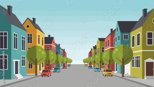 Colorful houses lining a serene suburban street with trees and parked cars.