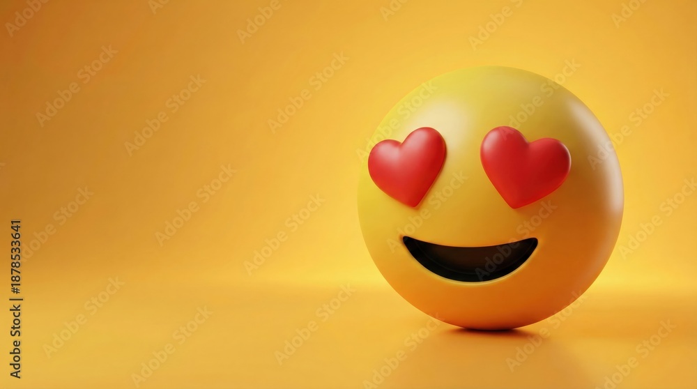 Fototapeta premium A 3D rendered yellow emoji with heart-shaped eyes and a wide smile, set against a warm orange background.