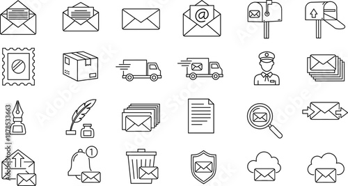 Mail and post service icon set for logistics delivery and digital communication