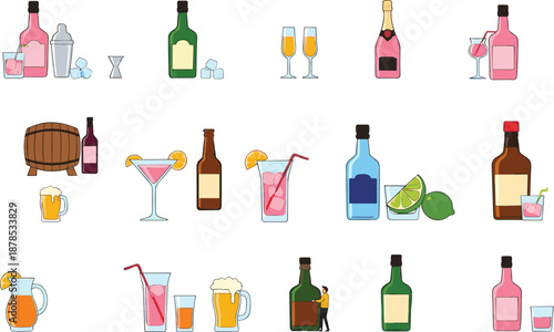 Alcohol drinks and bar beverage icon set vector illustration with bottles cocktails beer wine and spirits elements