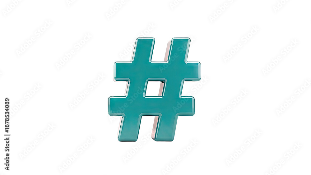 Obraz premium Glossy Teal Hashtag Symbol on White Background