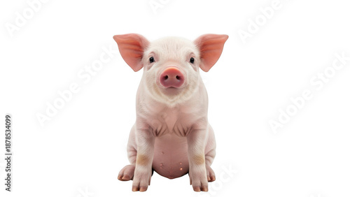 Adorable pink piglet sitting and looking forward, isolated on transparent background