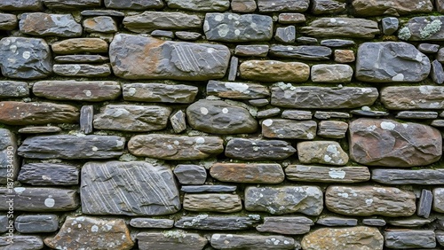 Texture of a rustic stone wall featuring lichens and weathered surfaces