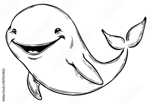 Line art illustration of a beluga whale depicting a happy smile for children's design
