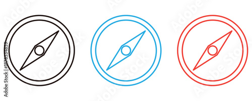 Minimalist line compass icon set in three colors, representing direction, travel, and exploration