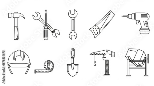 Construction and DIY tools outline icon set, handyman equipment collection vector illustration.