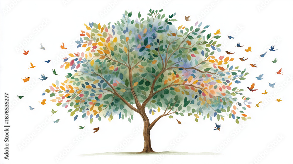 Obraz premium Colorful Tree of Life: A vibrant illustration of a majestic tree with colorful foliage and whimsical birds fluttering, symbolizing growth, harmony, and the beauty of life.