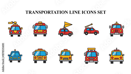 Collection of colorful line icons representing various transportation vehicles like fire trucks, taxis, and unique service automobiles.
