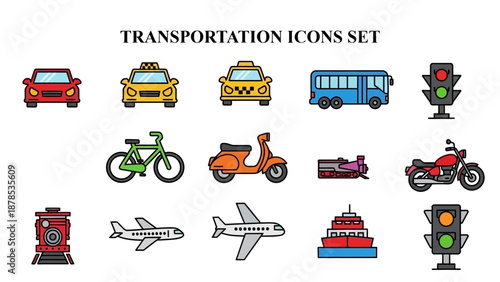 Collection of colorful, flat style transportation icons including cars, airplanes, motorcycles, buses, and traffic signals for mapping or web use.