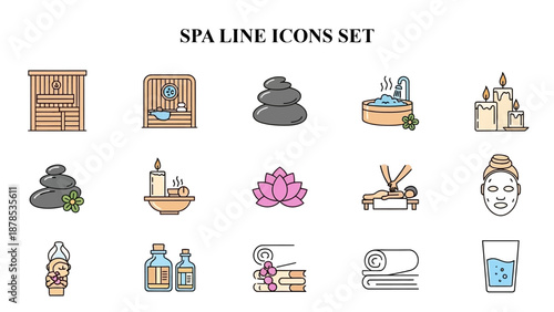 Collection of fifteen colorful line icons representing various essential spa treatments, relaxation elements, and wellness concepts for design.