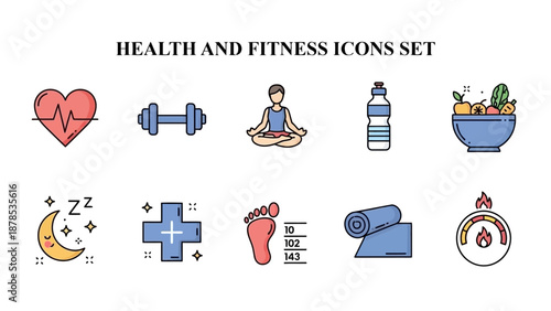 Collection of ten colorful, flat style icons representing essential elements for maintaining overall personal health and fitness goals.