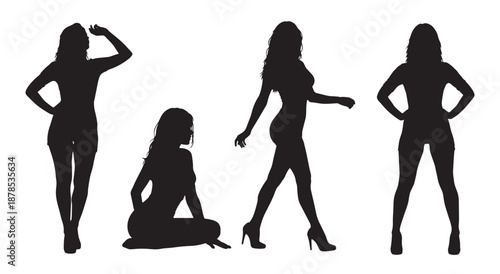 Set of Beautiful Slim Woman Silhouettes in Various Poses; Fashionable Girls Standing, Sitting, and Walking Isolated on White Background for Fashion Design, Fitness, and Lifestyle Concepts