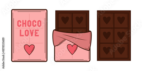 Chocolate bar in opened pink wrap with love isolated on white background, dessert, vector illustration in flat style. Chocolate bar on white background. Milk chocolate bar.