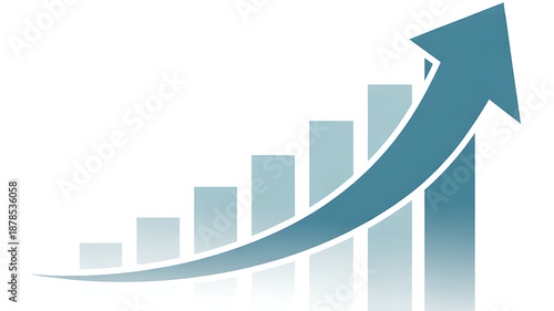Abstract business visualization of rising sales and financial success using blue bar graphs and an upward trending arrow.