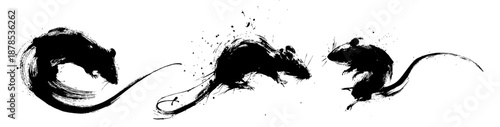 Chinese new year rat zodiac brush painting with dynamic ink strokes on white background