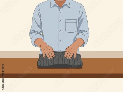 A male clerk neatly folds clothes on a wooden table. Professional, clean, and focused. Ideal for business or service imagery.
