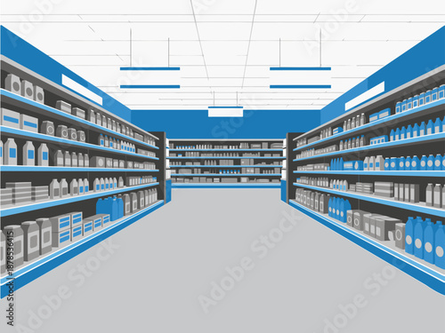 Clean supermarket aisle with organized shelves and products. Bright, modern setting. Ideal for commercial use and stock photography.