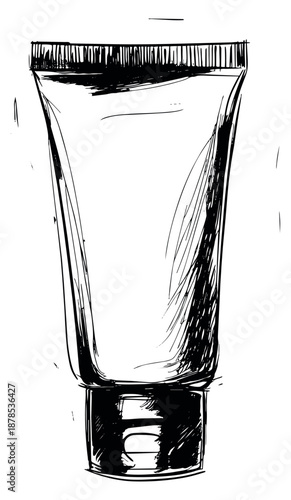 Hand drawn line art illustration of a cosmetic tube depicting product packaging for beauty and personal care