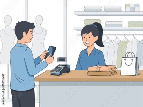 A young couple uses mobile payment to purchase fashion items in a retail store. Modern, clean, and visually appealing for commercial use.