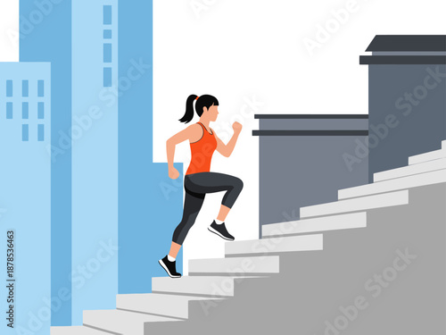 A dynamic woman runs up city stairs, conveying determination and energy. Modern, vibrant illustration style. Perfect for fitness, motivation, and urban themes.