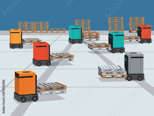 A fleet of robotic pallet movers efficiently transport goods on a warehouse floor. Modern, stylized illustration with a clean, bright aesthetic. Ideal for logistics and automation concepts.