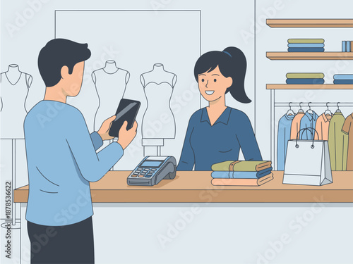 A man uses mobile payment at a fashion retail counter. Modern, clean style. Focus on transaction and customer interaction. Suitable for e-commerce and retail visuals.