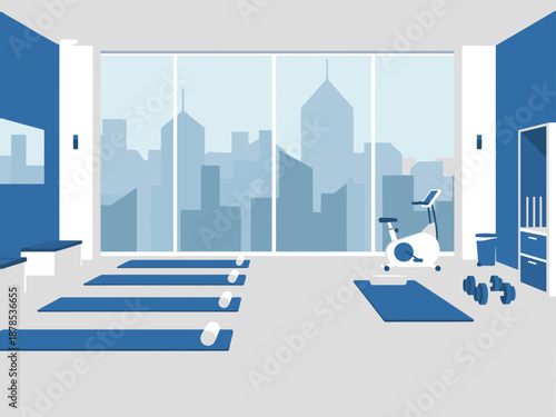 Modern rehab clinic interior featuring a cityscape view.  A fitness bike and mats create a serene, upscale setting for senior wellness. Professional and calming.