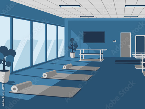 A modern rehab clinic interior featuring exercise equipment and a serene atmosphere. Ideal for senior wellness visuals. Clean, bright, and professional.