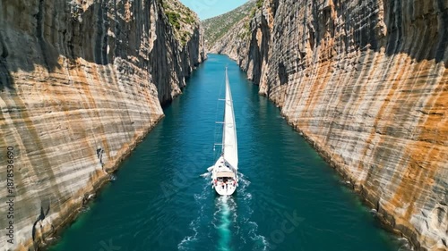 Sailboat Navigating the Stunning Corinth Canal, a Narrow Passage Carved Through Cliffs, Greece