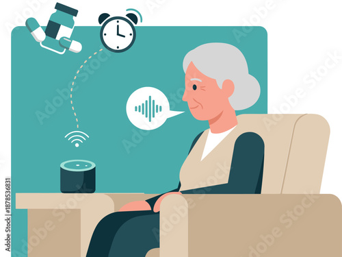 Senior woman receives medication reminder via smart speaker. Modern assistive technology promotes independence and health. Clean, friendly illustration.