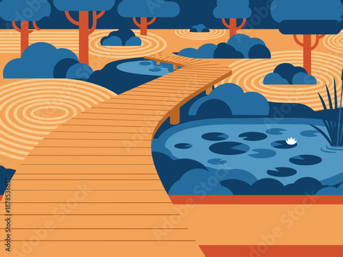 A serene zen garden pathway leads to a tranquil pond, promoting senior wellness and relaxation.  A calming, stylized illustration for wellness campaigns.